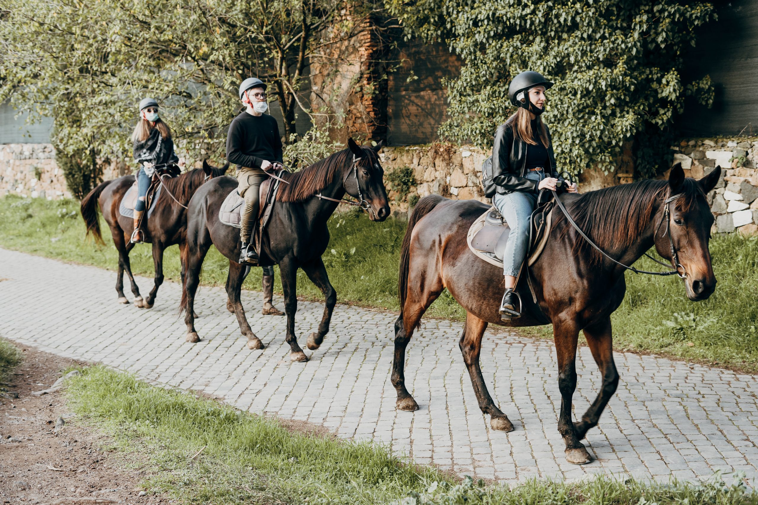 Прогулка на конной ферме. Прогулка на лошади полные люди. Национальная школа искусства верховой езды в Лиссабоне. Riding around